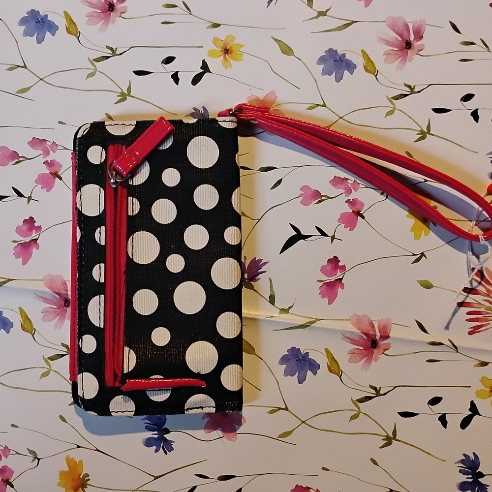 Black & White Polka Dot Wristlet Wallet with Red Trim